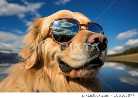 close-up of a golden retriever with reflective sunglasses, clouds reflected in them 106165074