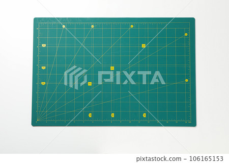 Patchwork accessories concept on white background, cutting mat 106165153