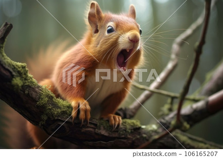 a squirrel on a tree branch, fur ruffled mid-sneeze 106165207
