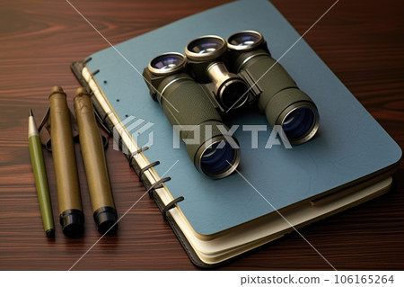 close-up of binoculars and a notepad 106165264