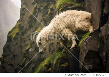 side view of mountain goat climbing steep incline 106165325