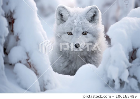 arctic fox blending into snow-covered surroundings arctic fox blending into snow-covered surroundings 106165489