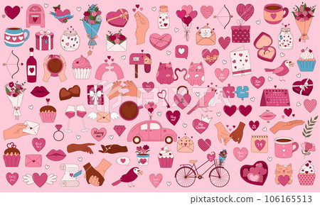 Valentine's Day Hand drawn elements for posters, greeting cards, banners and invitations. Big set of heart, sweets, coffee, cupcake, key, candy, letter, diamond, flower, gift, balloon, kiss, and Valentine's Day Hand drawn elements for posters, greeting cards, banners and invitations. Big set of heart, sweets, coffee, cupcake, key, candy, letter, diamond, flower, gift, balloon, kiss, and 106165513