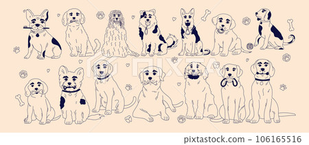Set of different dog breeds with toys for brushing or massaging teeth. Dog Food. Gum disease prevention. Dog dental care concept. Vector illustration 106165516