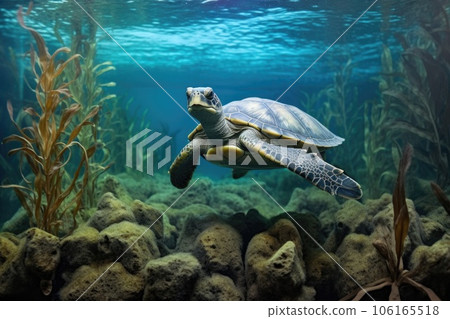 turtle camouflaged among aquatic plants, ready to strike 106165518