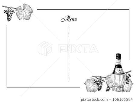 Wine bottle and grape line drawing illustration menu table template horizontal 106165594
