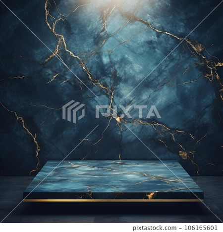 An abstract template with a square display stand on a dark teal and gold marbled background. AI generated image 106165601