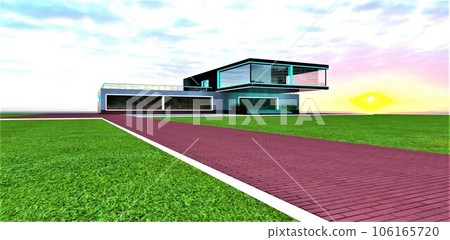 A breathtaking sunrise behind a stylish modern mansion with panoramic views. A pedestrian pathway paved with red bricks. 3D rendering. 106165720