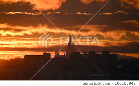 Sunset over the buildings of the Ministry of Defense and Moscow State University in the Russian capital. Sunset over the buildings of the Ministry of Defense and Moscow State University in the Russian capital. 106165942