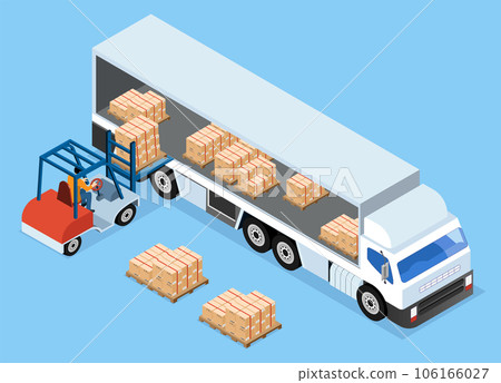 Forklift Loading Pallet Boxes from Warehouse Into Truck. Isometric Vector illustration eps10 Forklift Loading Pallet Boxes from Warehouse Into Truck. Isometric Vector illustration eps10 106166027