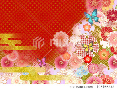 Japanese-style background of flowers and butterflies Cloisonne red 106166838