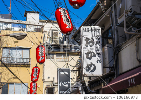 Osaka Minami early morning Hozenji Yokocho red lanterns and summer sky Osaka Minami early morning Hozenji Yokocho red lanterns and summer sky 106166978