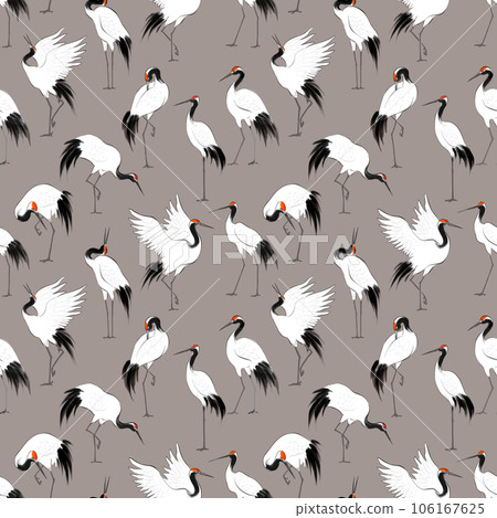 Seamless pattern with red-crowned japanese cranes in oriental style. Can be used for wallpaper, pattern fills, textile, web page background, surface textures. 106167625