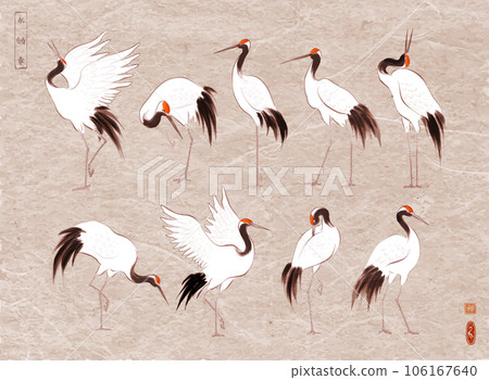 Japanese red-crowned crane birds in oriental style vintage backrgound. Traditional Japanese ink wash painting sumi-e. Hieroglyphs - eternity, freedom, happiness, zen Japanese red-crowned crane birds in oriental style vintage backrgound. Traditional Japanese ink wash painting sumi-e. Hieroglyphs - eternity, freedom, happiness, zen 106167640