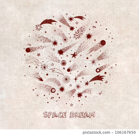 Doodle space and shooting stars in circle on vintage background. Vector sketch illustration. 106167650