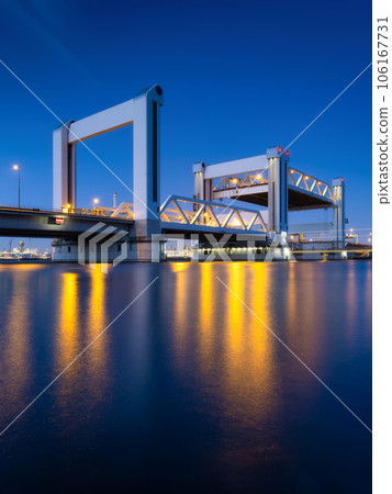 Botlek bridge, Rotterdam, Netherlands. View of the bridge at night. 106167731