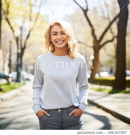 Beautiful young lady dressed in gray sweater, commercial sweatshirt mock-up, smiling blonde woman standing in the street Beautiful young lady dressed in gray sweater, commercial sweatshirt mock-up, smiling blonde woman standing in the street 106167897