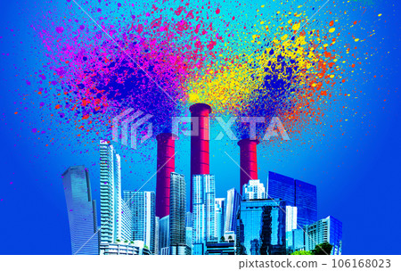 Industrial factory pollution, smokestack exhaust gases. Collage, or art design with paint splash and painting drops. 106168023