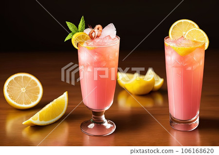 Pink shrimp cocktail with chilled shrimp, cocktail sauce, and lemon wedges illustration generative ai 106168620