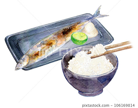 秋天秋刀魚水彩插畫的味道 烤秋刀魚和新米 秋天秋刀魚水彩插畫的味道 烤秋刀魚和新米 106169814