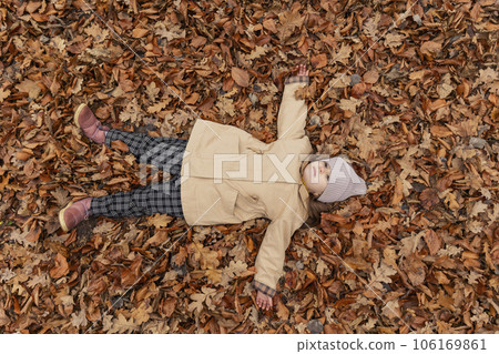 girl lies on autumn leaves girl lies on autumn leaves 106169861