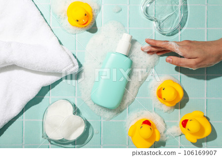 Bathroom shelf with tools yellow rubber ducks. Bathroom shelf with tools yellow rubber ducks. 106169907