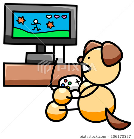 一隻狗玩電子遊戲的插圖（水平反轉版）狗 106170557