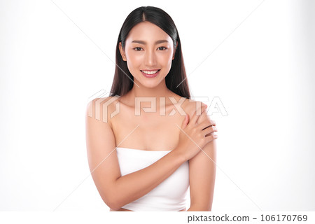 Beautiful young asian woman with clean fresh skin on white background, Face care, Facial treatment, Cosmetology, beauty and spa, Asian women portrait. Beautiful young asian woman with clean fresh skin on white background, Face care, Facial treatment, Cosmetology, beauty and spa, Asian women portrait. 106170769