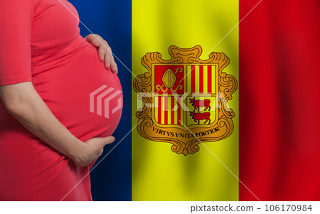 Pregnant woman belly on flag of Principality of Andorra background Pregnant woman belly on flag of Principality of Andorra background 106170984