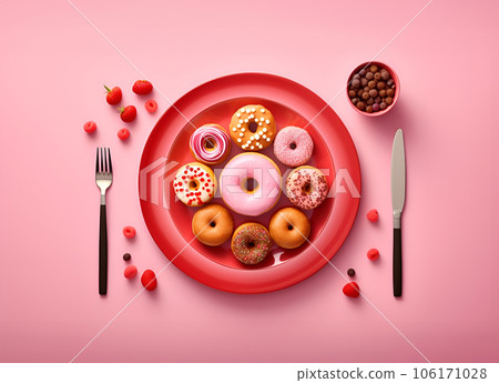 Top view on pink table served with red plate with different verity of donuts 106171028
