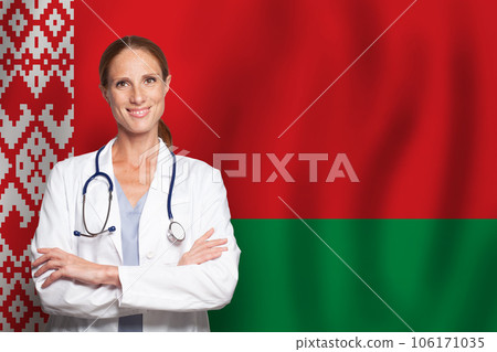 Belarussian general practitioner doctor gp on the flag of Belarus Belarussian general practitioner doctor gp on the flag of Belarus 106171035