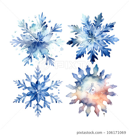 Blue snowflakes watercolor in beautiful style on white background. Winter holiday season. Vector set. 106171069