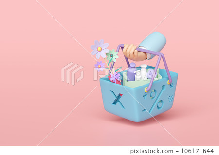 Basket hanging on wrist with miscellaneous isolated on pink background. enjoy shopping concept, 3d render illustration 106171644