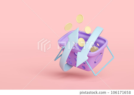 3d coin with shopping cart, basket isolated on pink background. transfer arrows, cashback, saving money concept, 3d render illustration 106171658