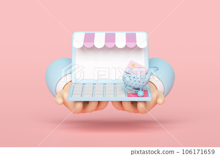 online shopping with hand holding laptop computer monitor, store front, credit card shopping carts or basket isolated on pink background. 3d illustration render 106171659