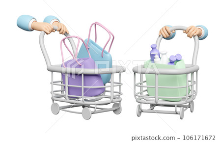 3d hand pushing a shopping cart with shopping paper bags, miscellaneous isolated. purchase target, enjoy shopping concept, 3d render illustration 3d hand pushing a shopping cart with shopping paper bags, miscellaneous isolated. purchase target, enjoy shopping concept, 3d render illustration 106171672
