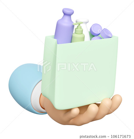 3d hand holding shopping paper bags with miscellaneous isolated. purchase target, enjoy shopping concept, 3d render illustration 106171673