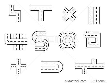 Road icon set. Road sections of different shapes. Navigation and roads related editable stroke outline icons set. Road icon set. Road sections of different shapes. Navigation and roads related editable stroke outline icons set. 106172088