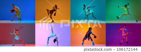 Collage. Sportive young people, men and women training, playing against multicolored background in neon light 106172144