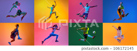 Collage. Athlete of MMA, runner, volleyball, basketball, football, tennis players against multicolored background in neon light 106172145