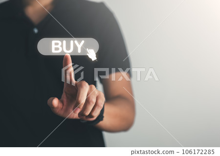 Businessman pointing Buy  text and icons. Business, marketing and shopping online concept. 106172285