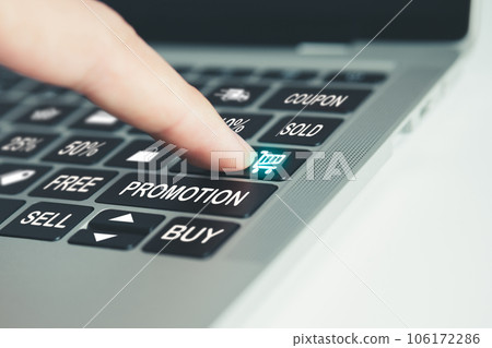 Businessman pointing labtop button with shopping text and icons. Business, marketing and shopping online concept. 106172286