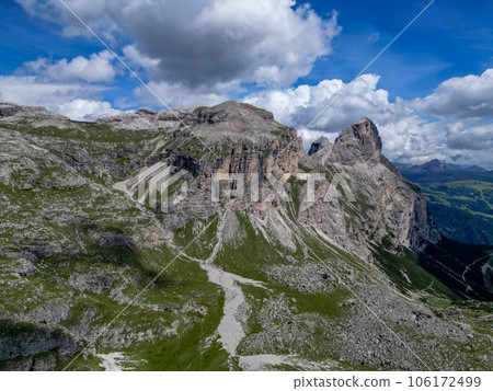 Puez Aerial view of Dolomites Alps near Alta Badia, Trentino-Alto-Adige region, Italy. Summer season. Puez Aerial view of Dolomites Alps near Alta Badia, Trentino-Alto-Adige region, Italy. Summer season. 106172499
