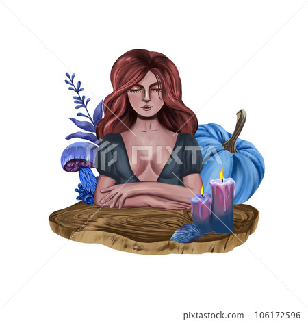 Witch, pumpkin, candles, mushroom, wooden table. Illustration for esoteric, isolated on white background. Greeting cards, invitations, covers, flyers. Witch, pumpkin, candles, mushroom, wooden table. Illustration for esoteric, isolated on white background. Greeting cards, invitations, covers, flyers. 106172596