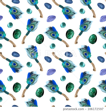 Peacock feather and stones. Seamless pattern for halloween and esoteric isolated on white background. Wrapping paper, textiles, fabrics, covers. 106172597