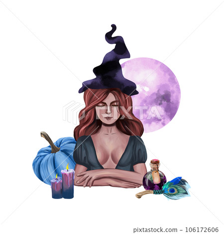 Witch, pumpkin, candles, moon, potion. Illustration for halloween and esoteric isolated on white background. Greeting cards, invitations, flyers. 106172606