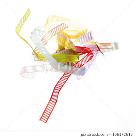 Pastel colorful ribbon long straight fly in air with curve roll shiny. Pastel ribbon for present gift birthday party to wrap around decorate curve long straight. White background isolated 106172612