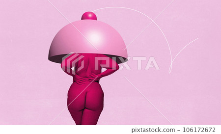 Contemporary art collage. Conceptual image with female body, buttocks in pink effect and drawn breast elements isolated white background. Contemporary art collage. Conceptual image with female body, buttocks in pink effect and drawn breast elements isolated white background. 106172672
