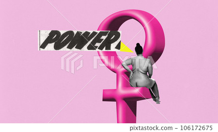 Contemporary art collage. Conceptual image with naked female body, buttoks in monochrome sitting on huge venus sign over pink background. Body-positivity. Power. Contemporary art collage. Conceptual image with naked female body, buttoks in monochrome sitting on huge venus sign over pink background. Body-positivity. Power. 106172675