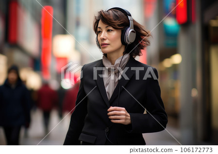 Asian stylish middle aged woman in headphones walking down the street. 106172773